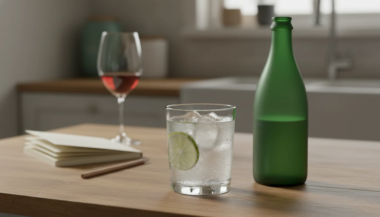 A sparkling water, blank notebook, and distant wine glass suggest a private choice to drink less.