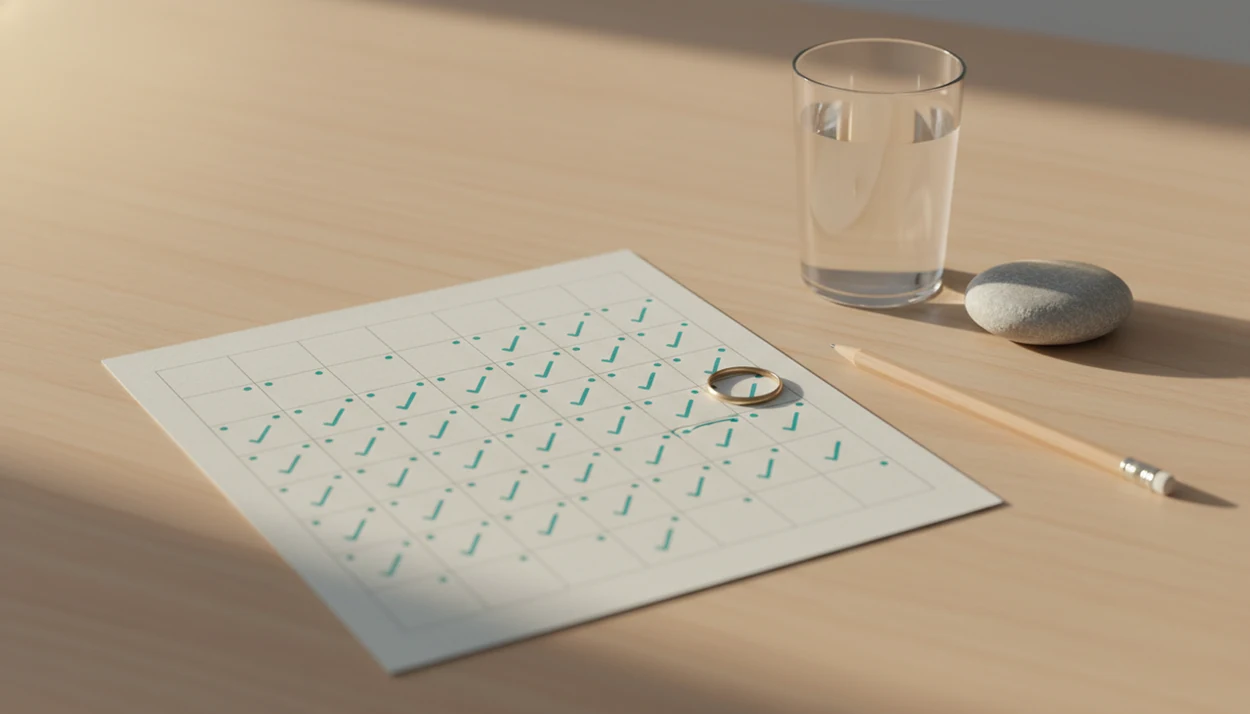 A calm tabletop shows a blank calendar marked with a growing streak of sober-day progress dots.