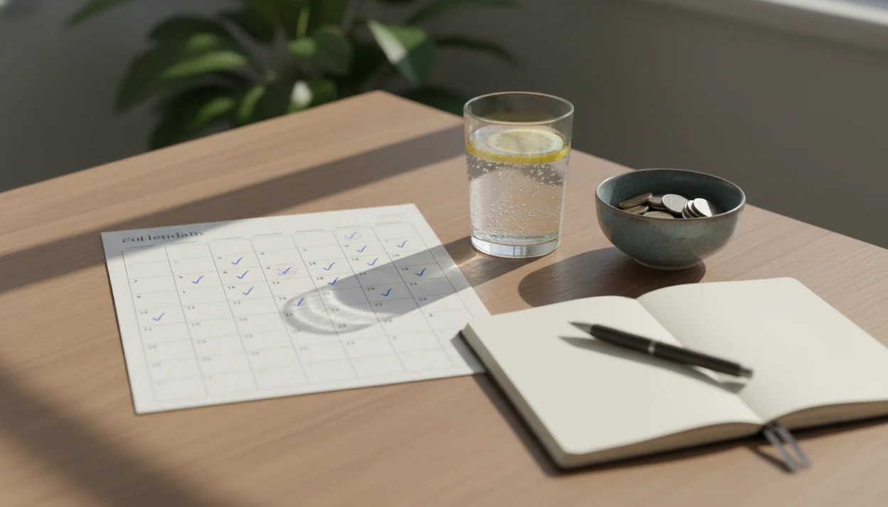 A blank calendar, sparkling water, coins, and notebook show steady alcohol-free progress on a table.