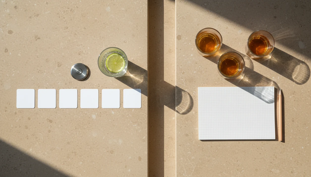 Overhead still life comparing a sober streak setup with a drink logging setup on a tabletop.