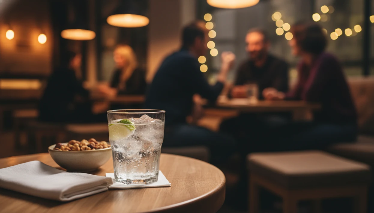 A sparkling water with lime sits in a warm social setting with blurred people talking in the background.
