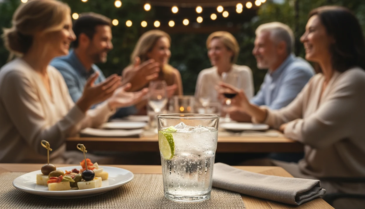 A sparkling water with lime sits in focus at a lively restaurant table with friends blurred behind it.