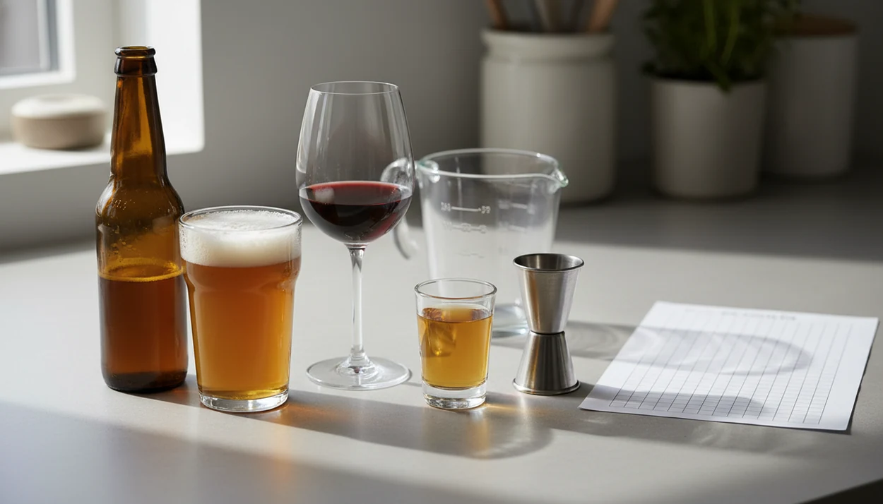 Measured beer, wine, and liquor servings sit beside a blank alcohol log and measuring tools.