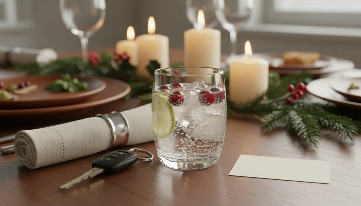 A holiday table with sparkling water, keys, and a blank plan card set apart from blurred wine glasses.