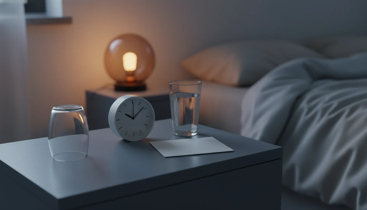 An empty glass, water, and a clock on a bedside table suggest alcohol withdrawal timing and safety.