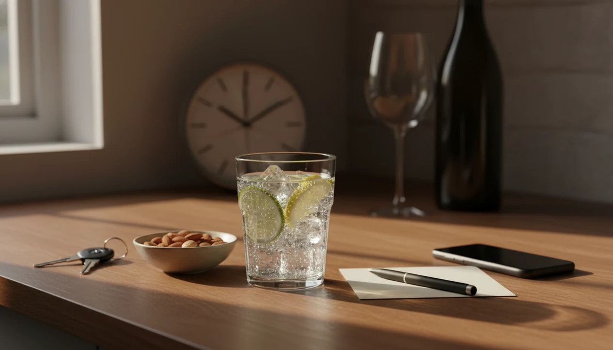A prepared evening kitchen counter with sparkling water, snacks, keys, and alcohol blurred in the background.