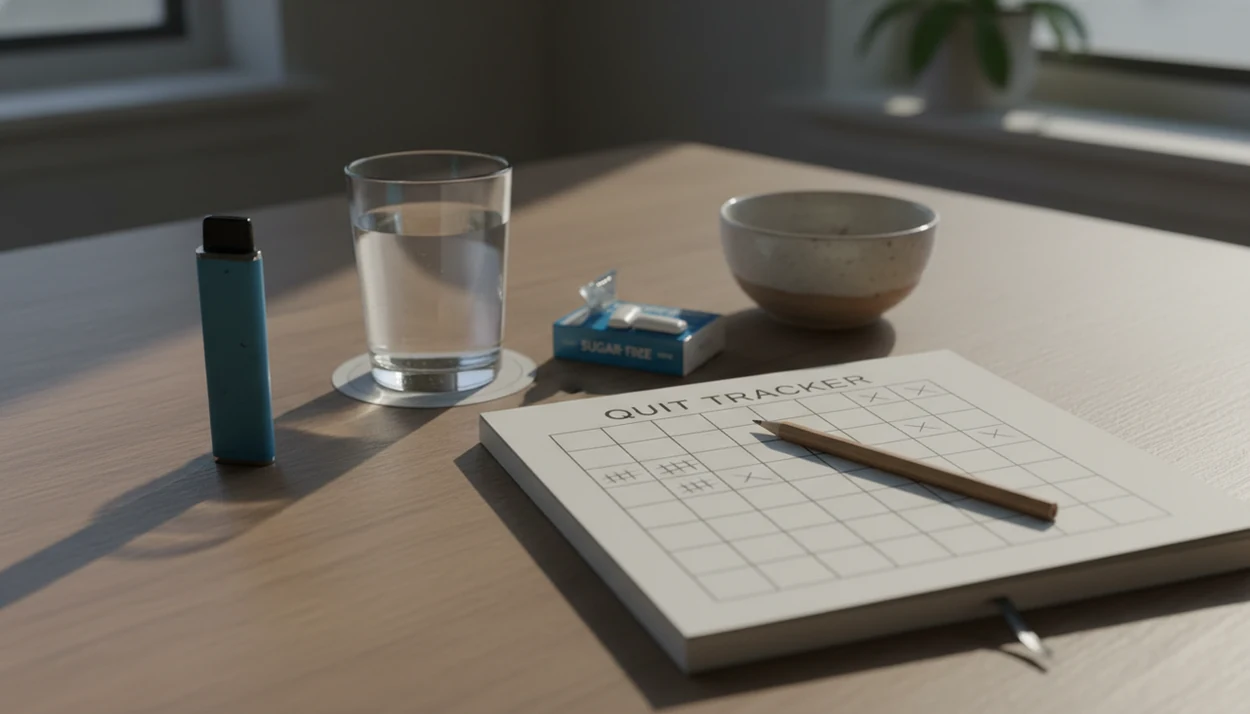 A vape set aside beside water, gum, and a simple paper tracker on a quiet morning table.