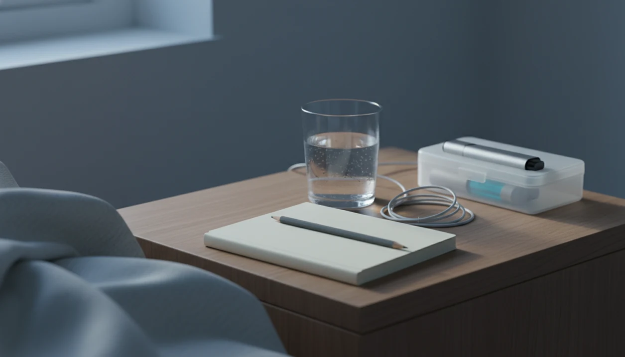 A bedside table with a notebook, water, charger cable, and a vape stored away in soft morning light.