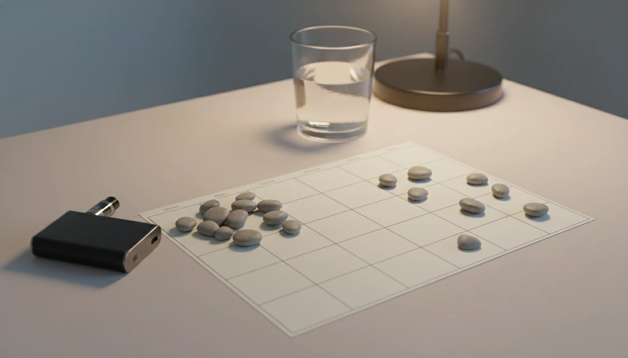 A vape device sits beside a blank calendar with markers showing withdrawal easing over time.