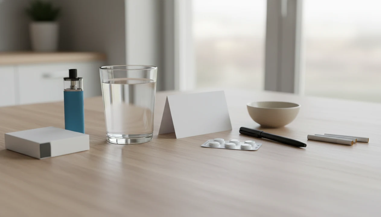 A vape and cigarettes sit separated on a kitchen table beside quit-support items and a blank plan card.