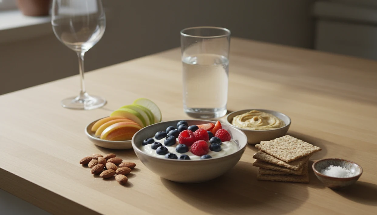 A balanced snack spread sits beside water and an empty wine glass on a kitchen counter.