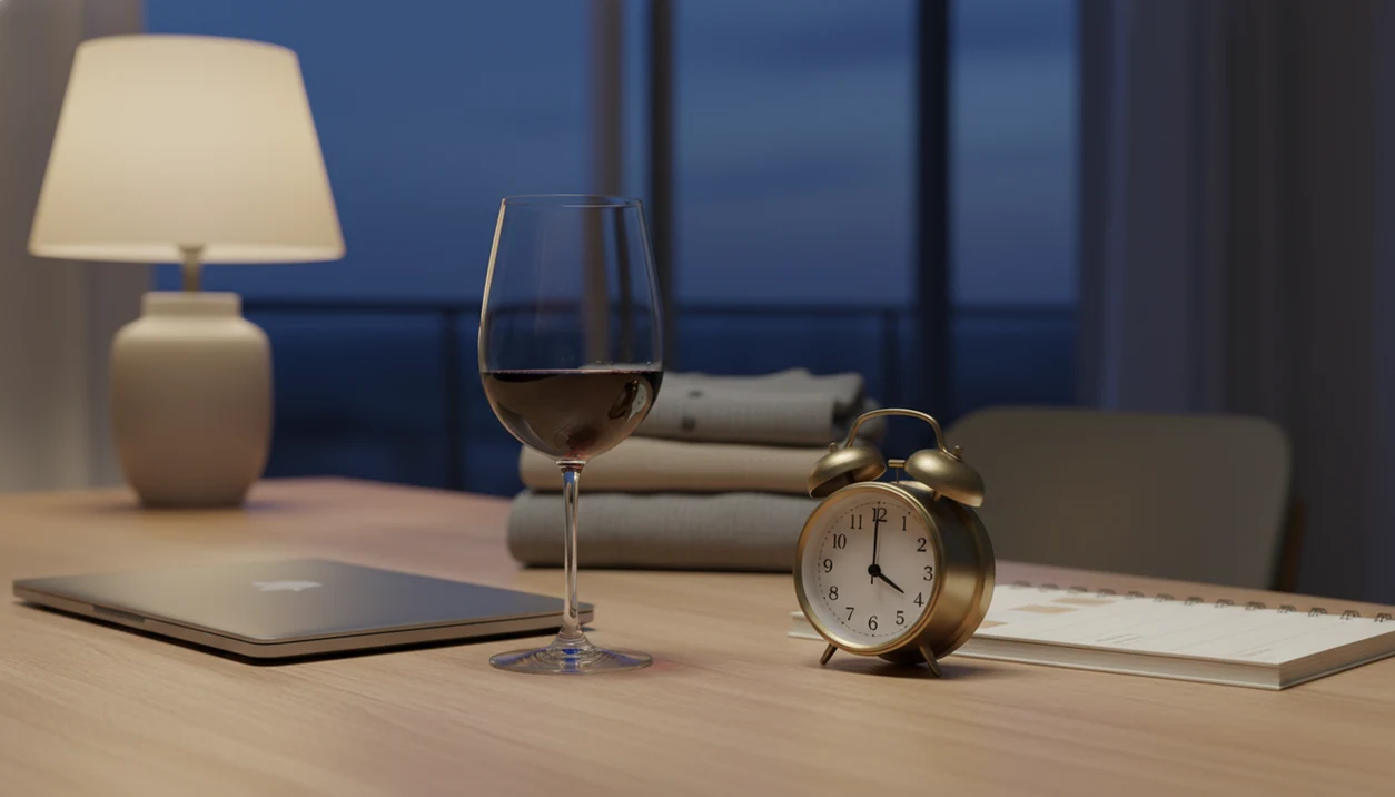 A quiet Sunday evening table with wine, an alarm clock, and workweek items suggesting anxious cravings.
