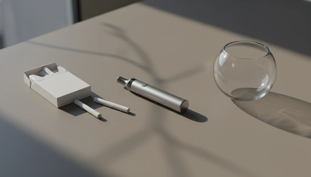 A cigarette pack, vape pen, and empty bowl arranged as a calm visual choice between quitting paths.