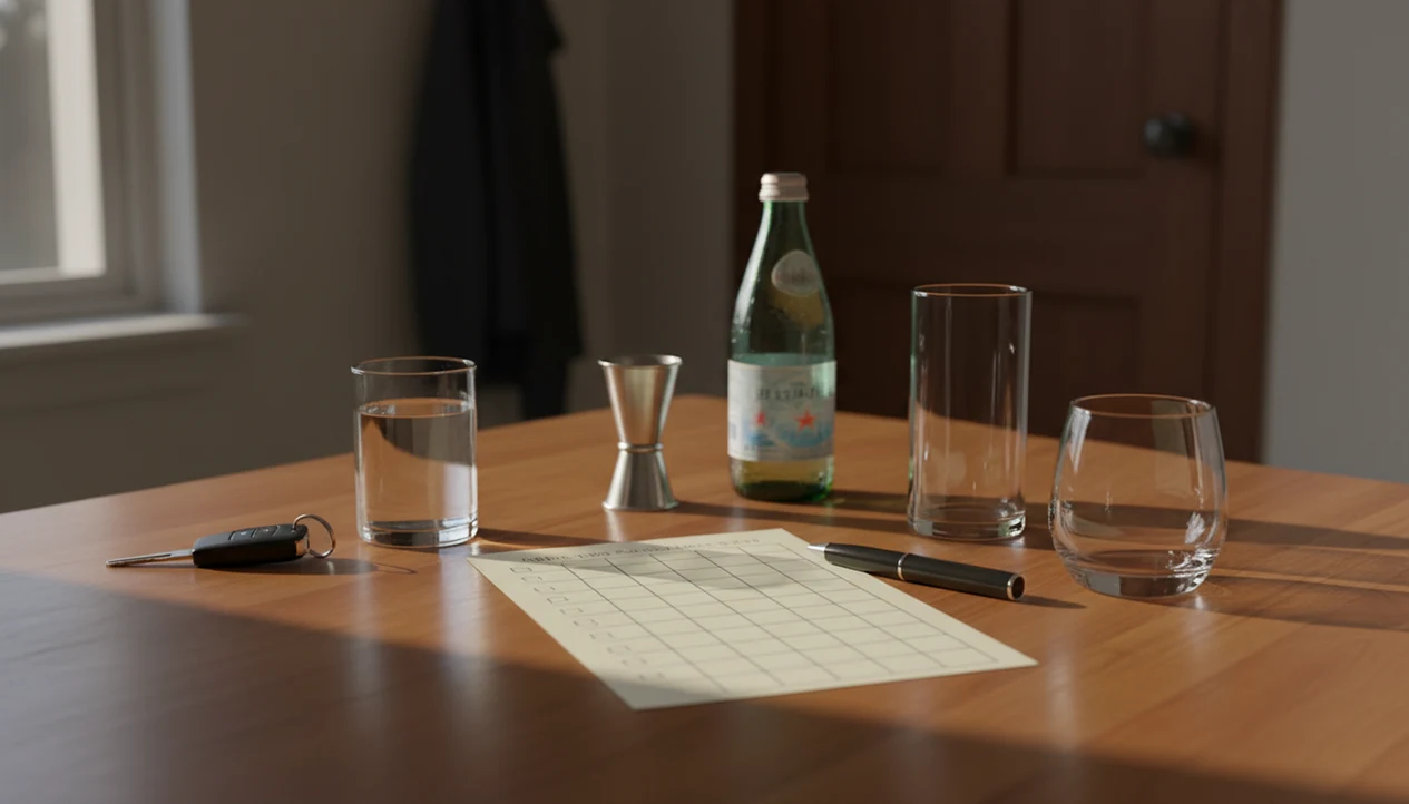 A calm tabletop drink-limit plan with water, keys, a jigger, and blank planning card before going out.