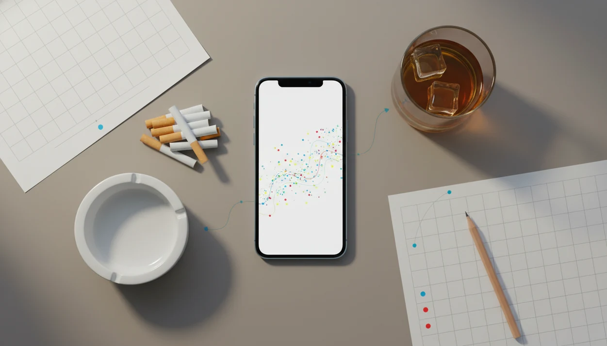 A desk flat lay shows a phone, habit grid, cigarettes, and a drink arranged as linked tracking cues.