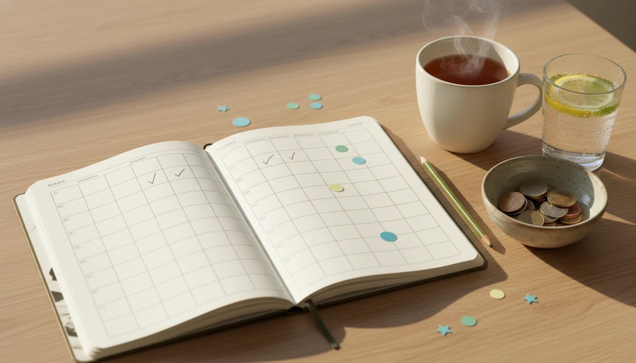 A journal tracker, sparkling water, tea, coins, and pencil arranged on a calm desk for alcohol-free progress.