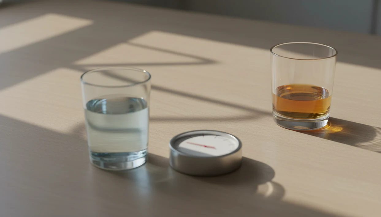A glass of alcohol sits beyond water and a timer as wave-shaped light crosses a quiet counter.