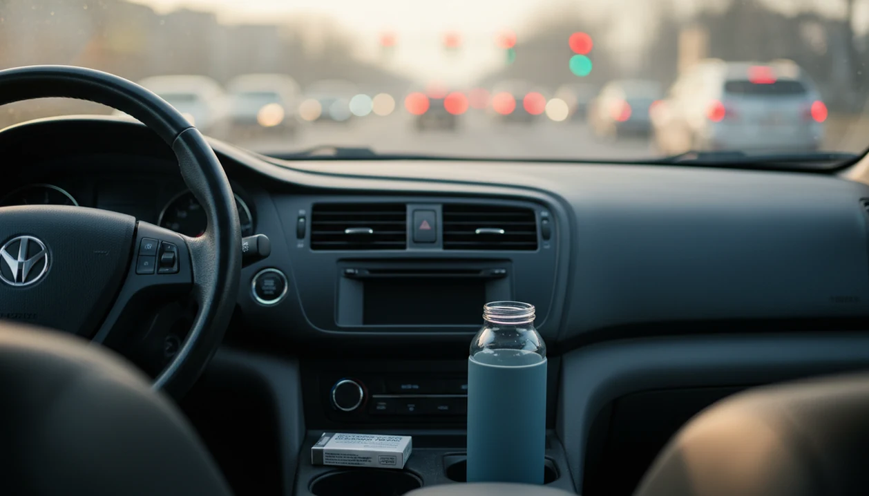 An empty car cup holder with water and gum nearby suggests a plan for vape cravings while driving.