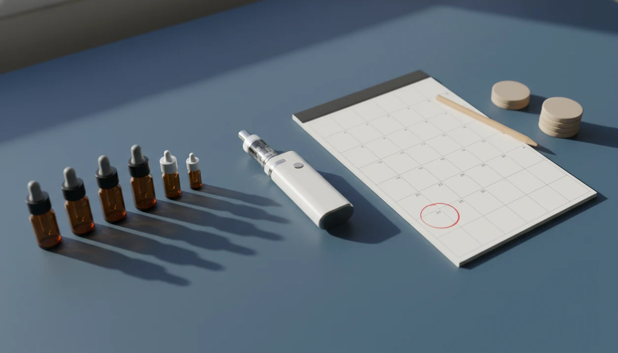 A vape device sits between a gradual reduction setup and a blank circled calendar date.