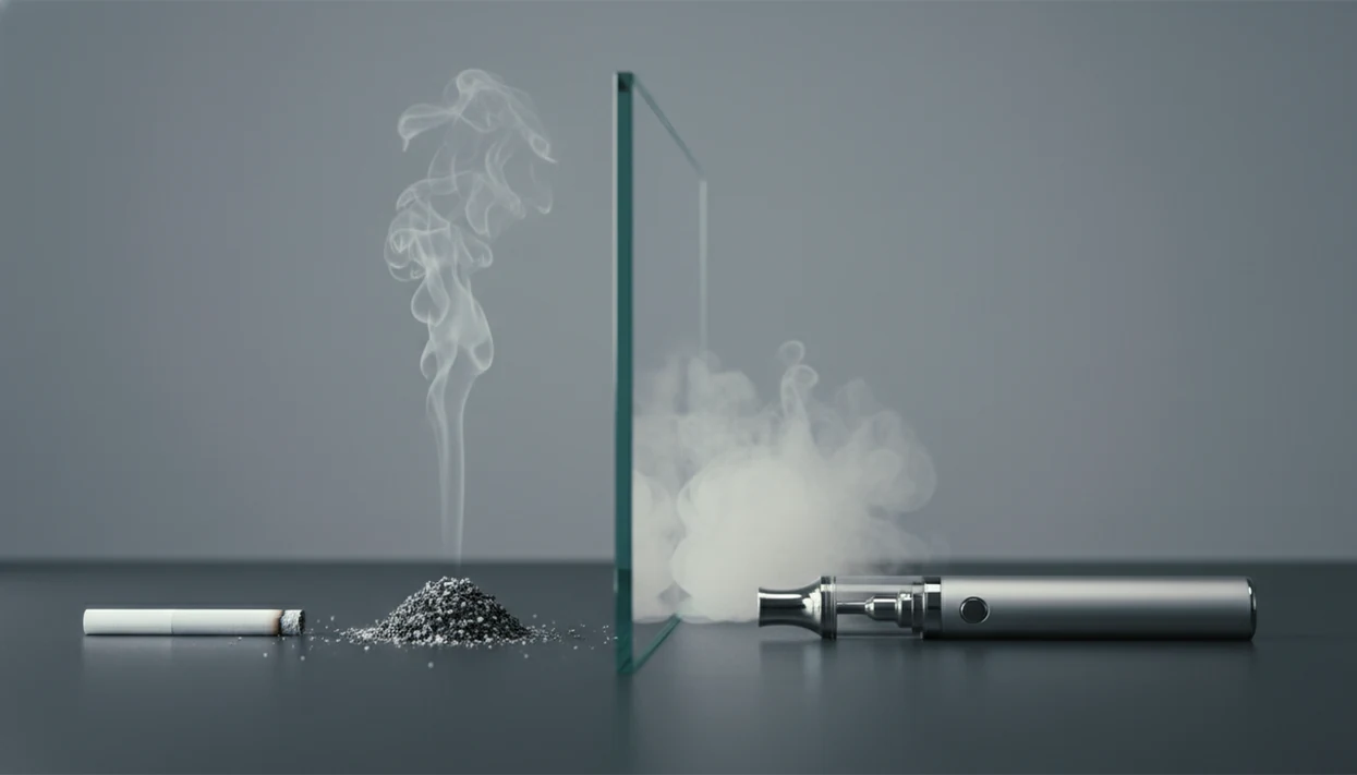 A cigarette and unbranded vape pen sit separated by glass with smoke and aerosol haze around them.