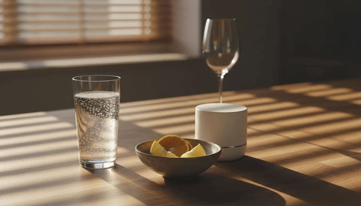 A calm kitchen counter shows sparkling water in focus and an empty wine glass blurred in the background.