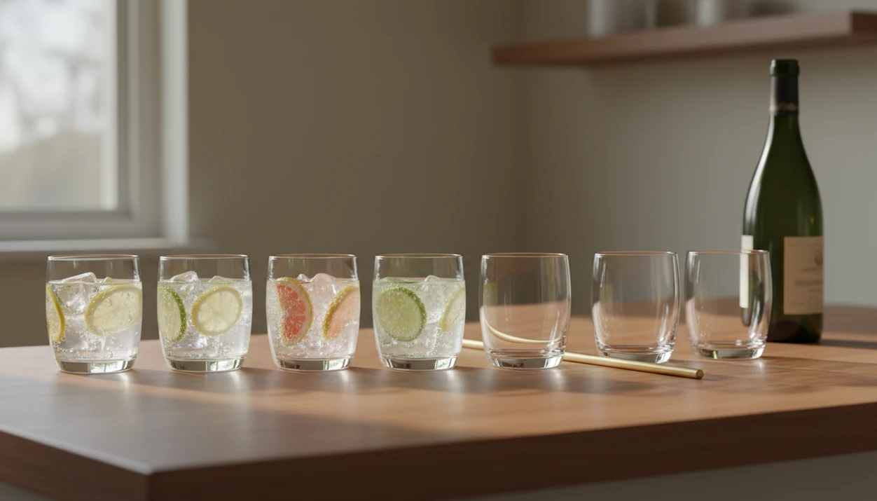 Seven glasses on a kitchen counter suggest dry weekdays and intentional weekend drinking boundaries.