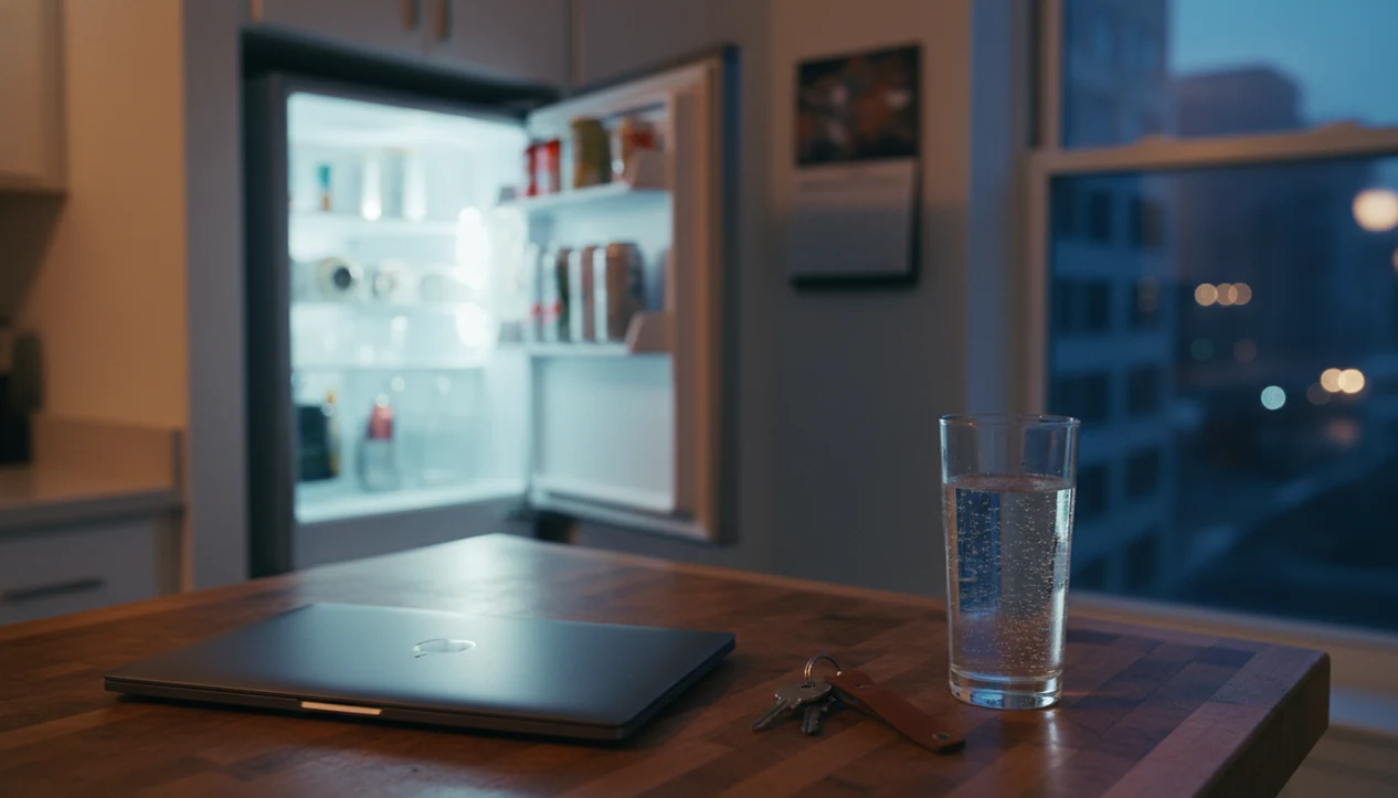 A quiet kitchen at dusk shows weekend cues like a closed laptop, keys, and drinks in the fridge.