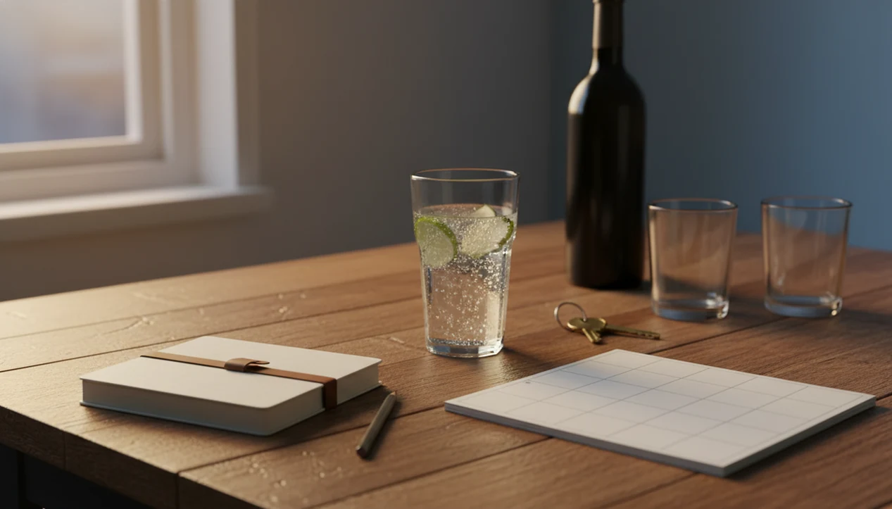 A weekend plan on a kitchen table sits between sparkling water and an unopened bottle in the background.
