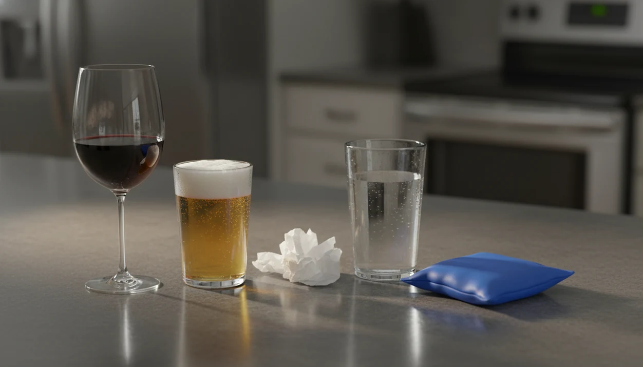 A still life of wine, beer, a tissue, water, and a cool compress suggesting alcohol reactions.