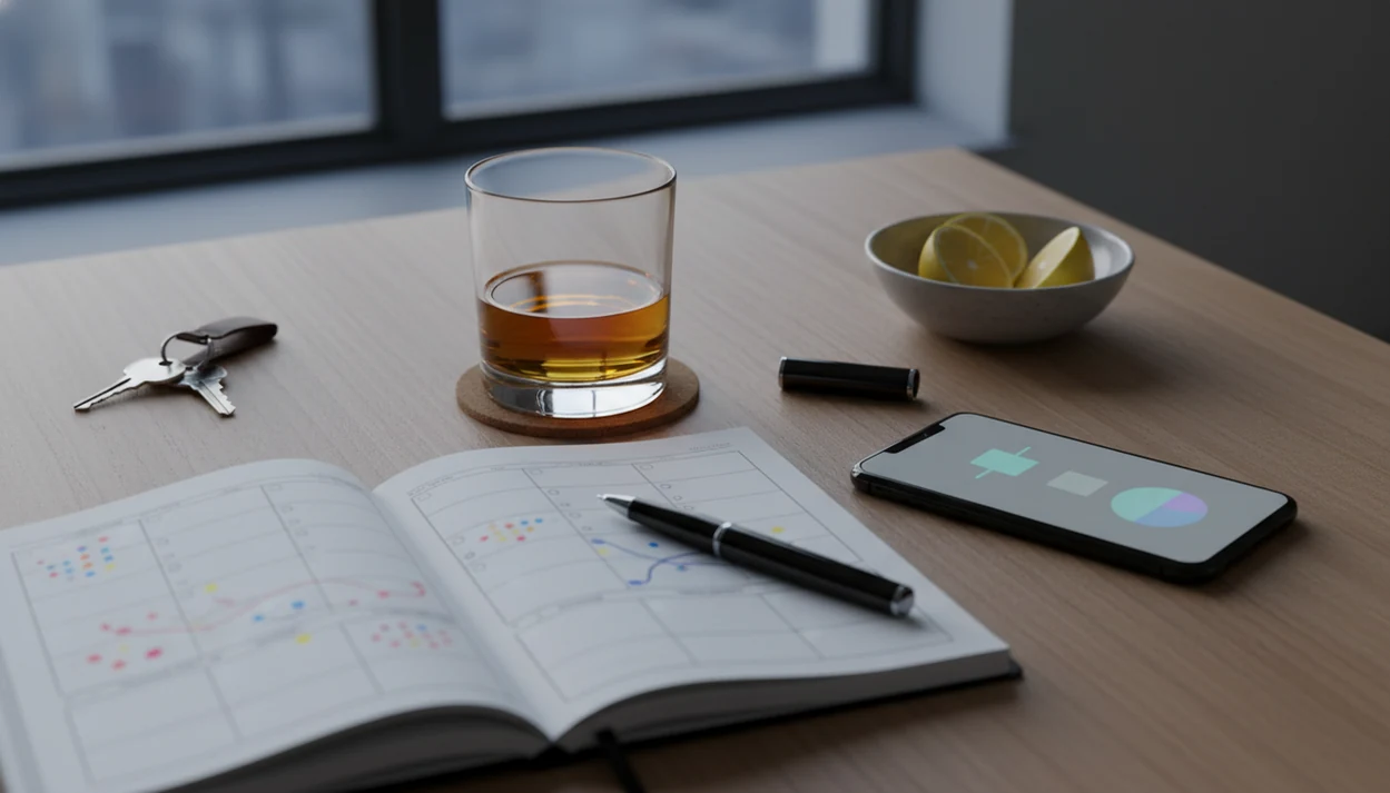 A drink, diary, and phone suggest tracking alcohol patterns without showing any readable app text.