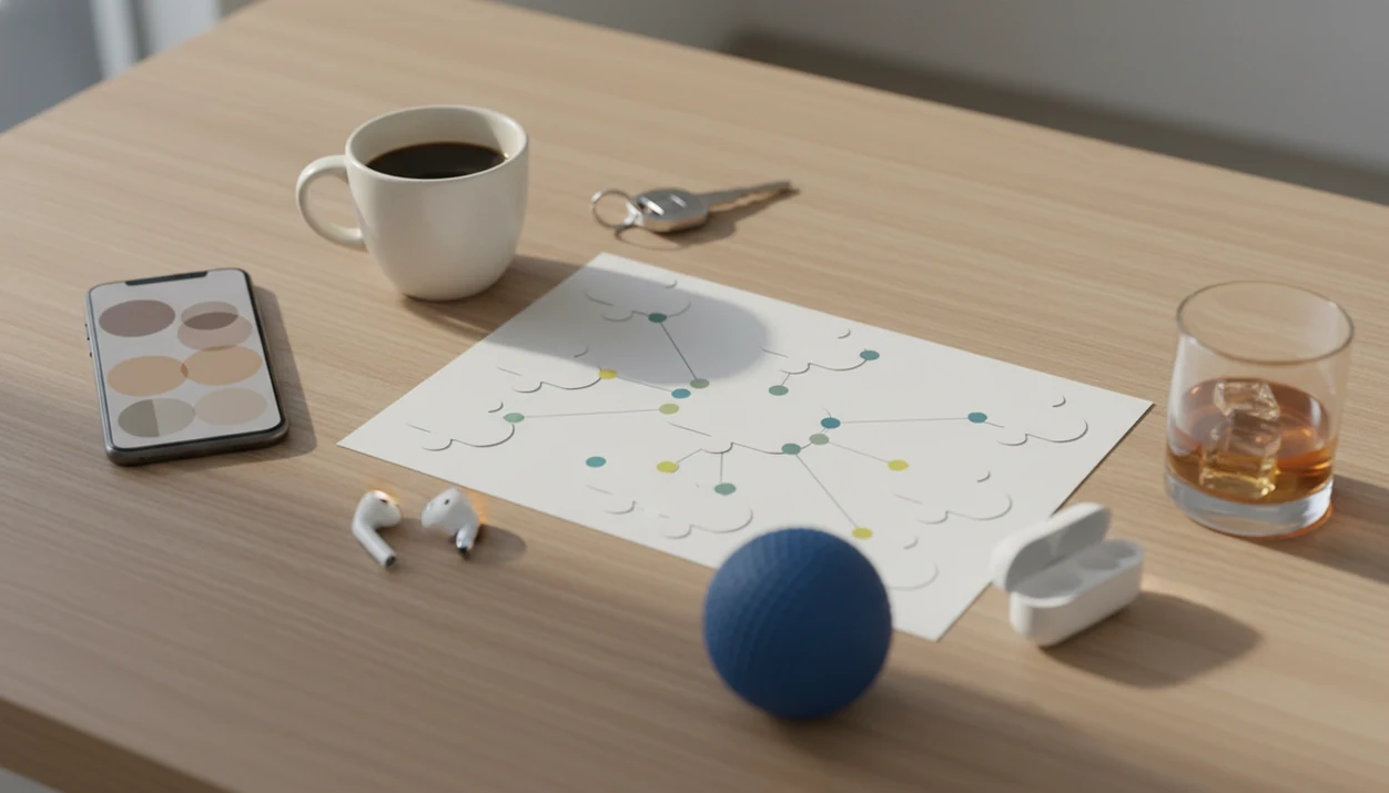 A desk still life shows a phone, coffee, keys, and colored notes arranged as a smoking trigger map.