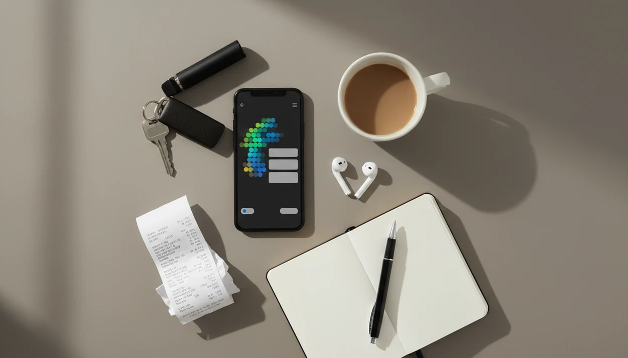 A phone and everyday objects suggest logging vape urges and spotting routine stress triggers.