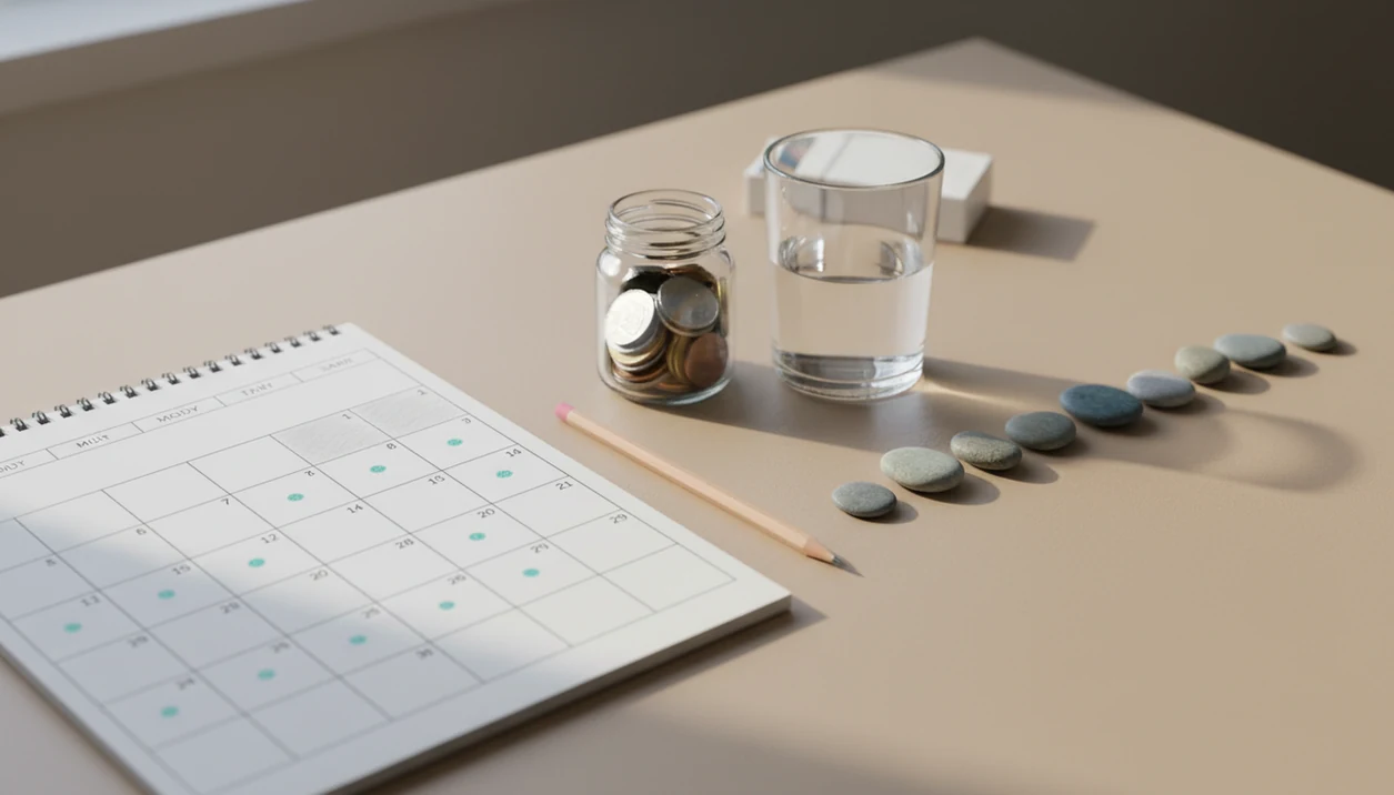 A calm quit-smoking progress scene with a blank calendar, coins, water, and stones marking cravings over time.