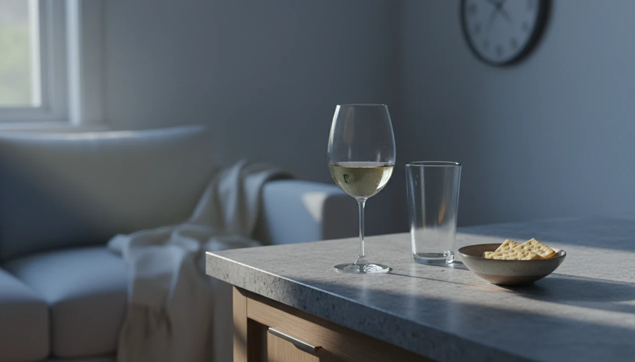 A dawn kitchen still life with a wine glass, water glass, and quiet morning light suggesting hangxiety.
