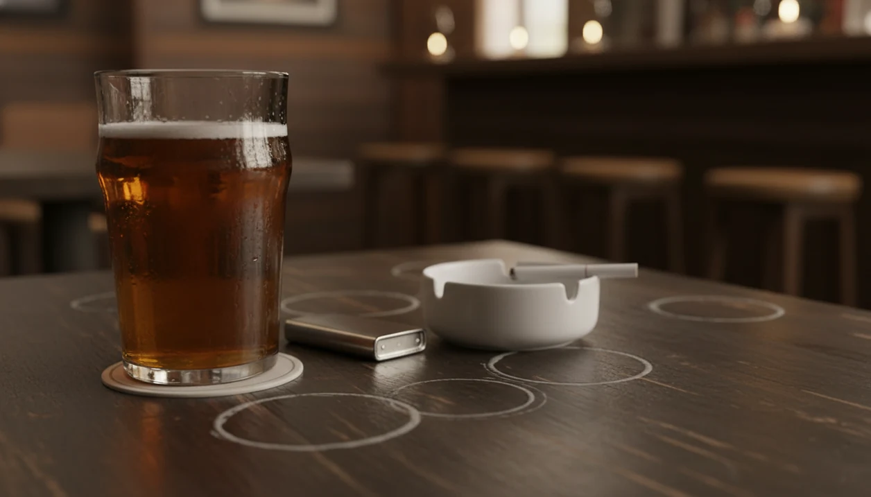 A beer glass, unlit cigarette, lighter, and ashtray on a dim bar table suggest a drinking-smoking trigger loop.
