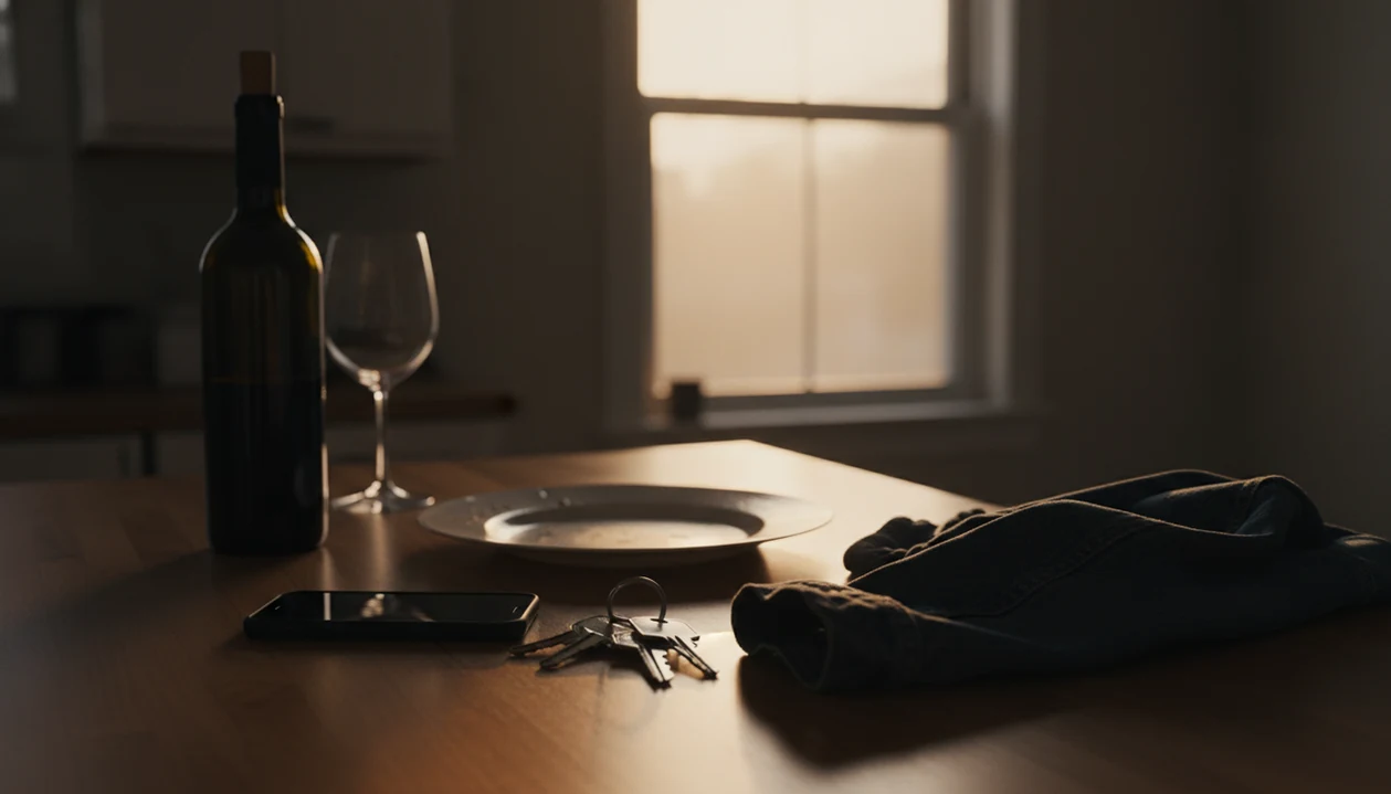 An evening kitchen counter shows alcohol beside daily routine objects that can trigger drinking habits.