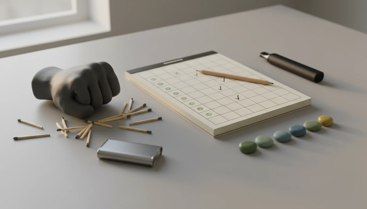 A desk still life contrasts raw self-control with organized craving tracking tools.