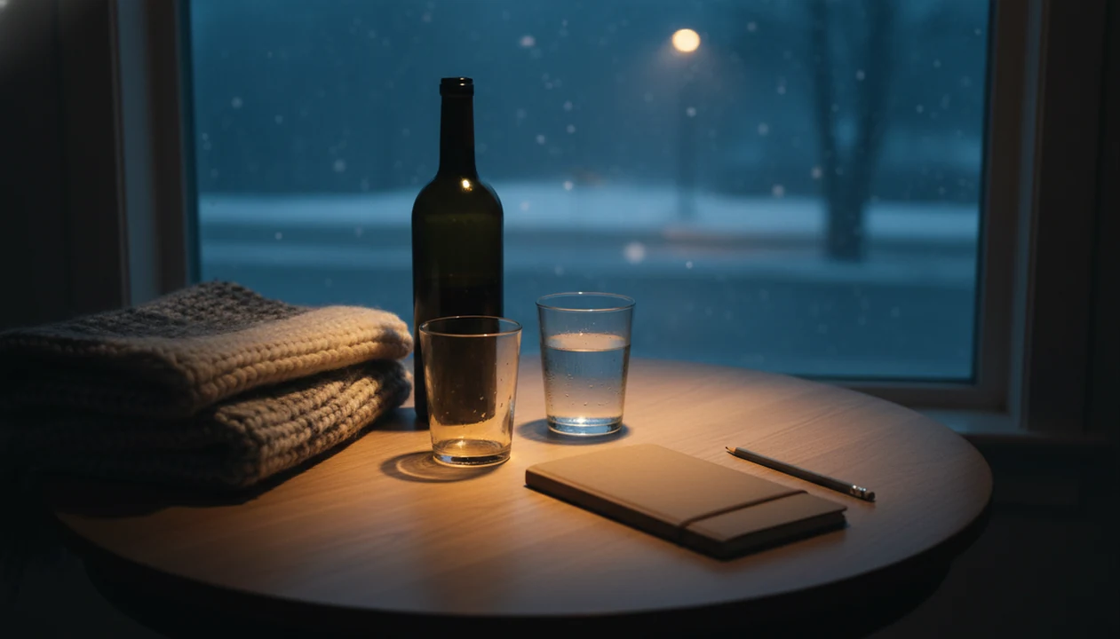 A winter dusk kitchen table shows an unopened bottle, water glass, and blank notebook by a dark snowy window.