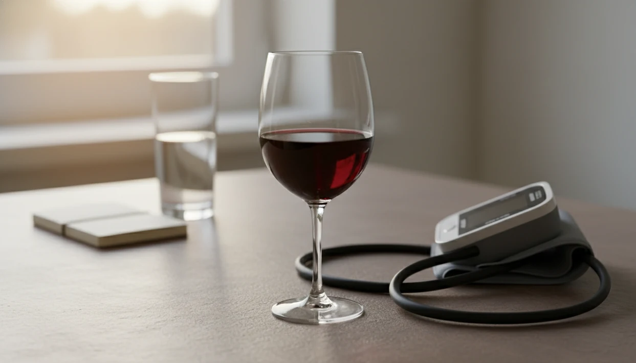 A wine glass sits beside a home blood pressure cuff on a quiet kitchen table in soft morning light.