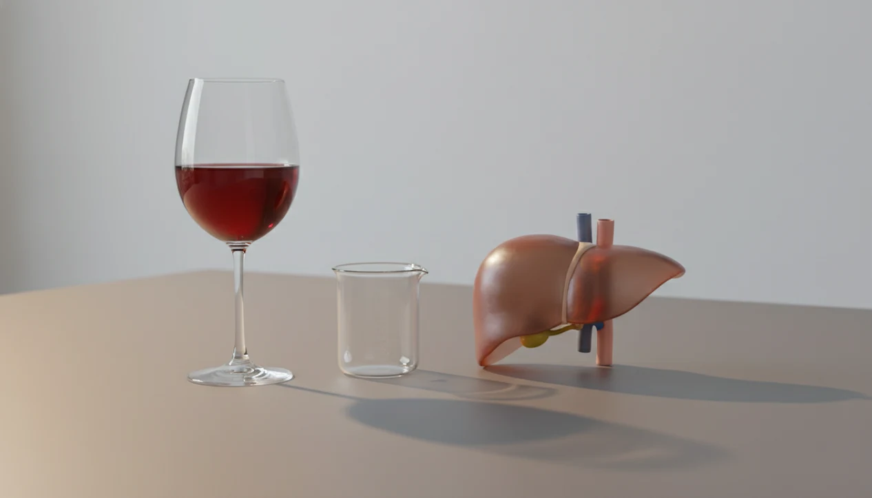 A wine glass casts a liver-shaped shadow beside a translucent liver model on a clean surface.